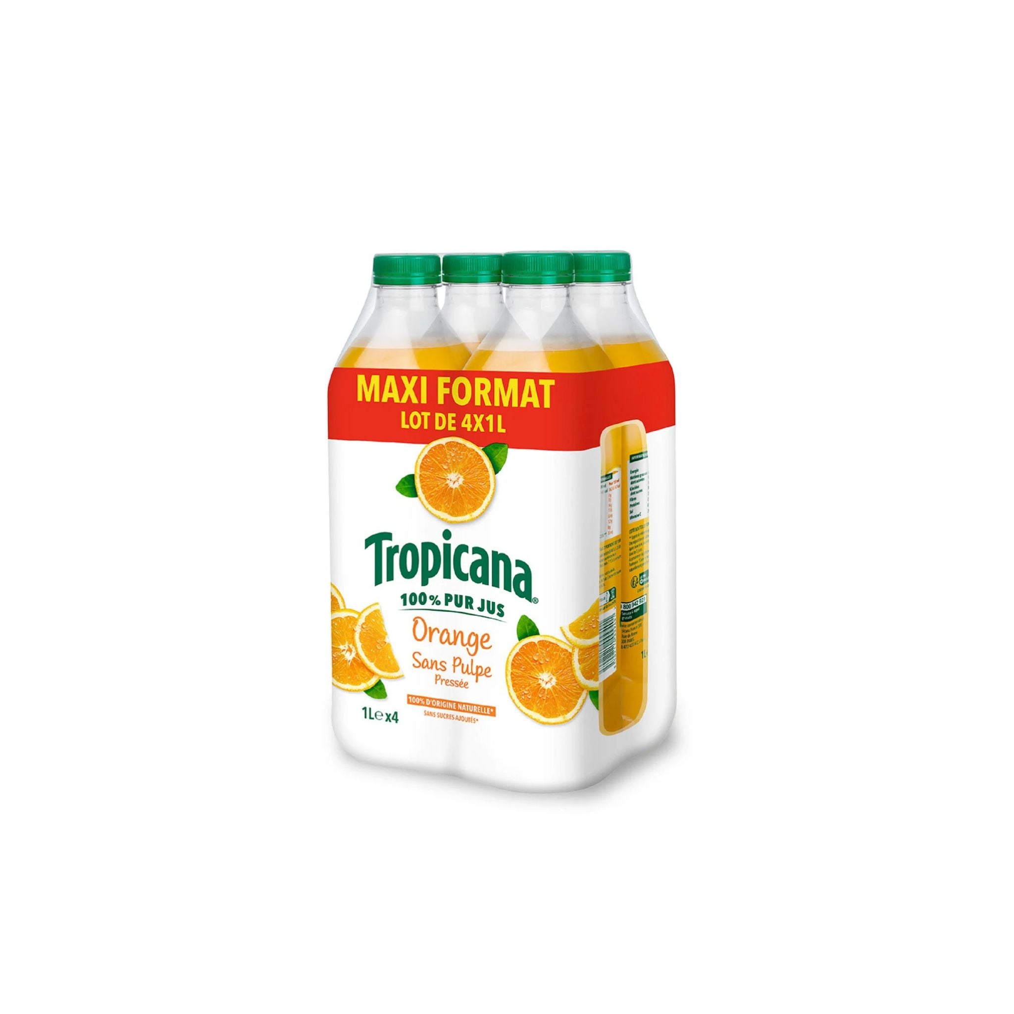 TROPICANA - Jus d'orange sans Pulpe sans Sucre - Pack 4x1L